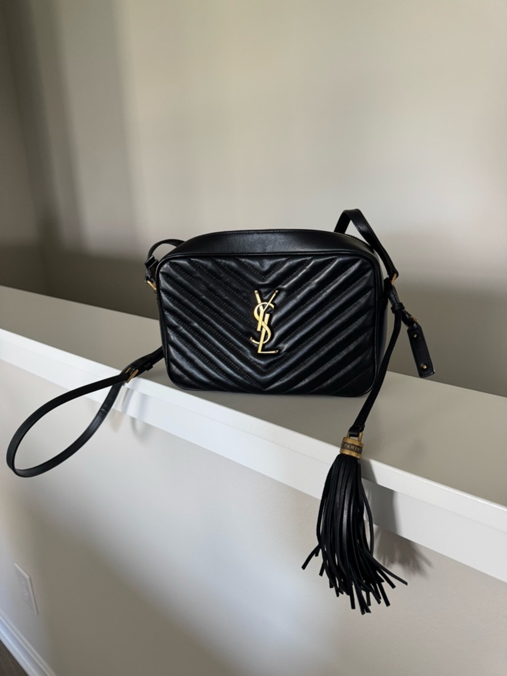 Saint Laurent Black Chevron Quilted Camera Crossbody with Gold YSL